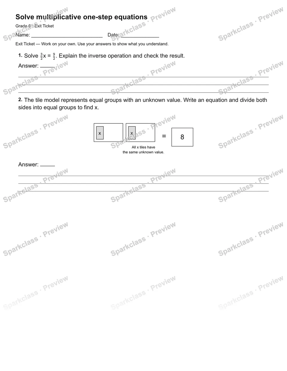 Solve multiplicative one-step equations — Exit Ticket — page 2