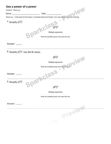 Use a power of a power — Warm-up — Grade 8 worksheet preview