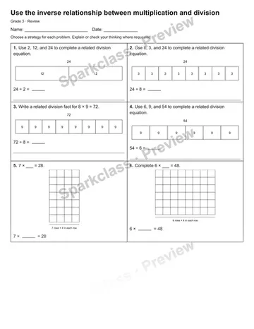 Use the inverse relationship between multiplication and division — Review — Grade 3 worksheet preview