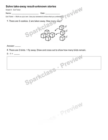 Solve take-away result-unknown stories — Exit Ticket — Kindergarten worksheet preview