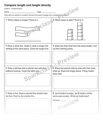Compare length and height directly — Guided Practice — Kindergarten worksheet preview