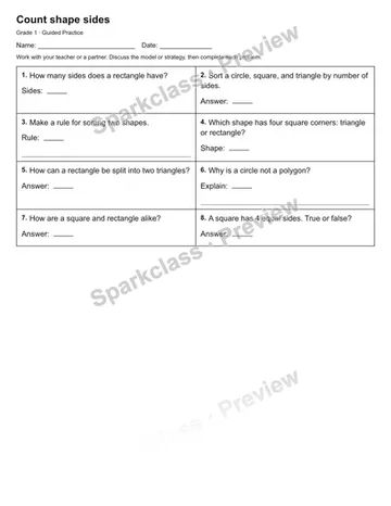 Count shape sides — Guided Practice — Grade 1 worksheet preview