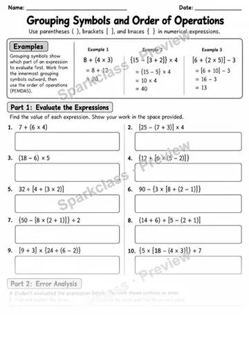Grouping Symbols — Grade 5 worksheet preview