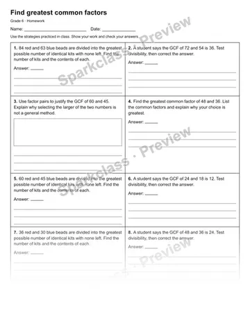 Find greatest common factors — Homework — Grade 6 worksheet preview
