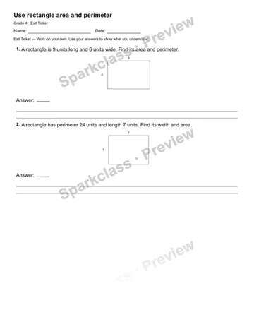 Use rectangle area and perimeter — Exit Ticket — Grade 4 worksheet preview
