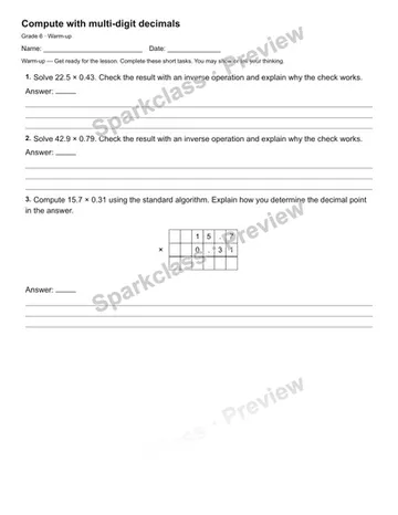 Compute with multi-digit decimals — Warm-up — Grade 6 worksheet preview