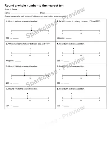 Round a whole number to the nearest ten — Review — Grade 3 worksheet preview