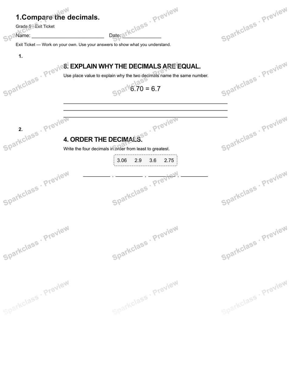 1.Compare the decimals. — Exit Ticket — page 2