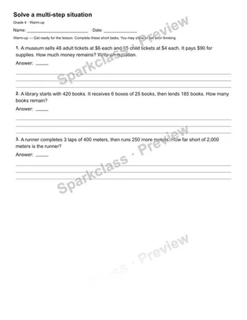 Solve a multi-step situation — Warm-up — Grade 4 worksheet preview