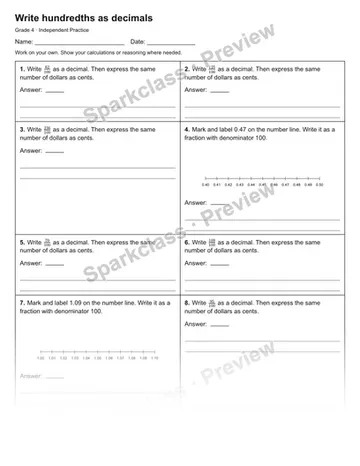 Write hundredths as decimals — Independent Practice — Grade 4 worksheet preview