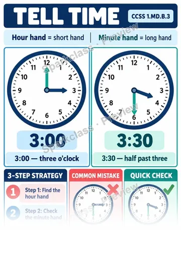 Knowledge Guide · Tell Time to the Hour and Half Hour — Grade 1 worksheet preview
