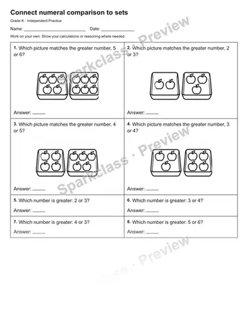 Connect numeral comparison to sets — Independent Practice — Kindergarten worksheet preview