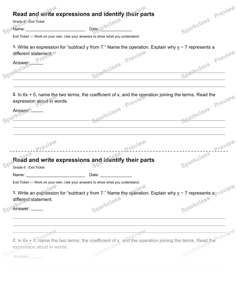 Read and write expressions and identify their parts — Exit Ticket — page 1