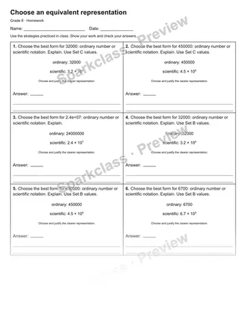 Choose an equivalent representation — Homework — Grade 8 worksheet preview