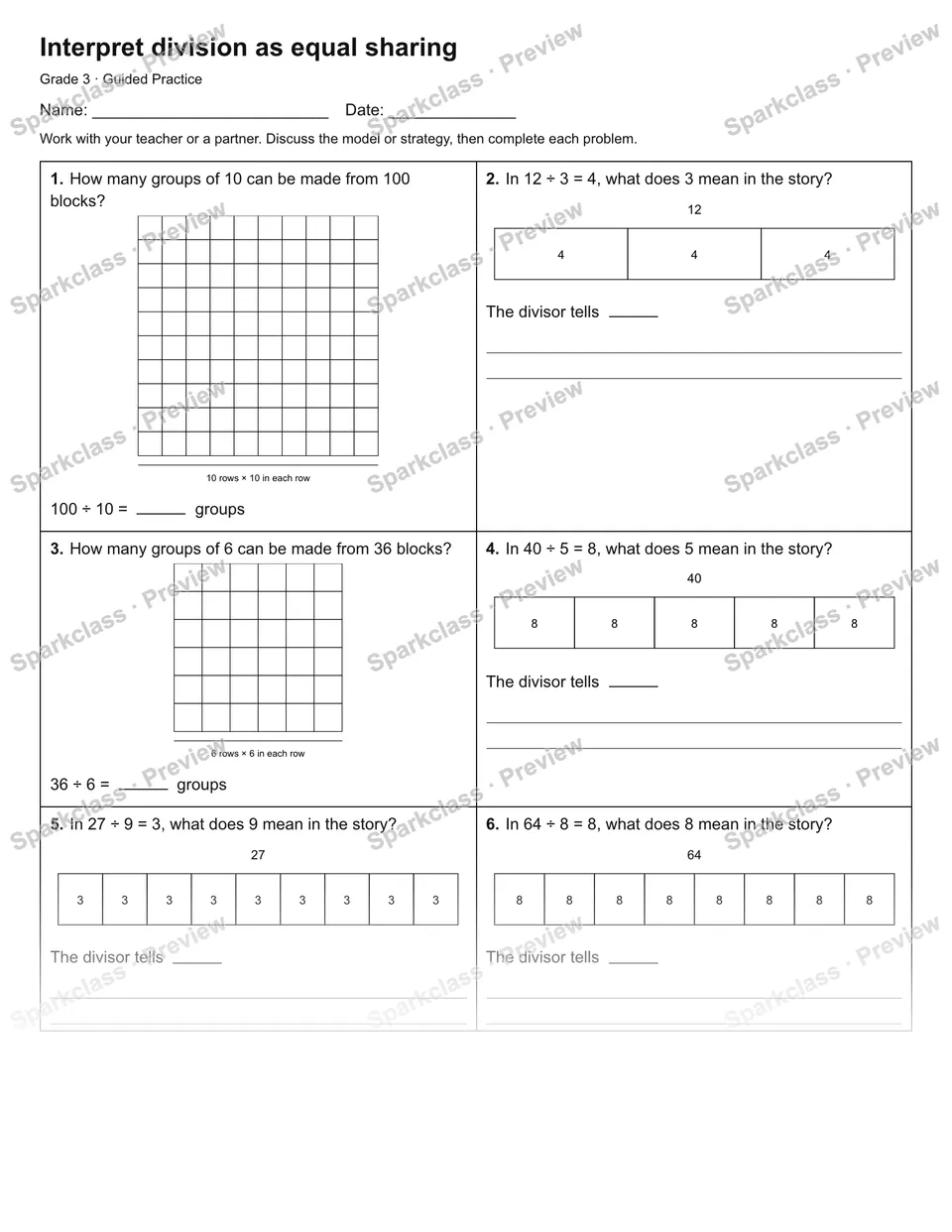 Interpret division as equal sharing — Guided Practice — page 1