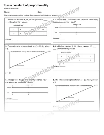 Use a constant of proportionality — Homework — Grade 7 worksheet preview