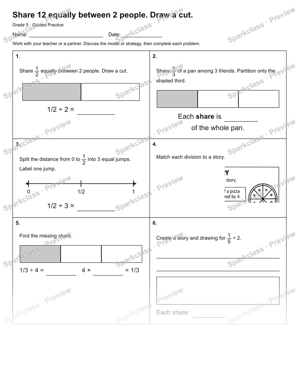 Share 12 equally between 2 people. Draw a cut. — Guided Practice — page 1