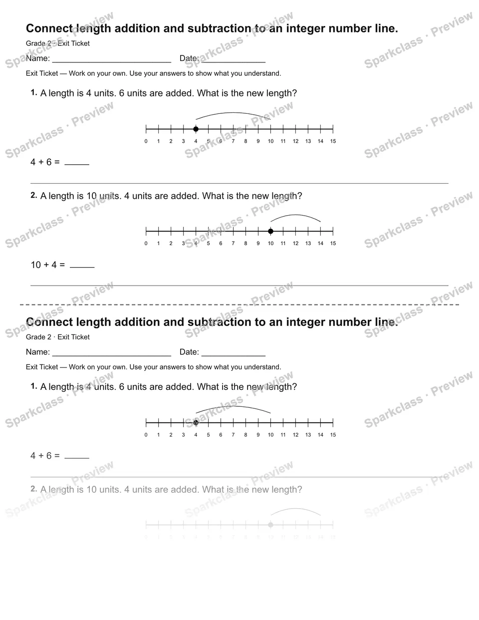 Connect length addition and subtraction to an integer number line. — Exit Ticket — page 1