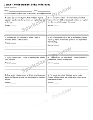 Convert measurement units with ratios — Homework — Grade 6 worksheet preview