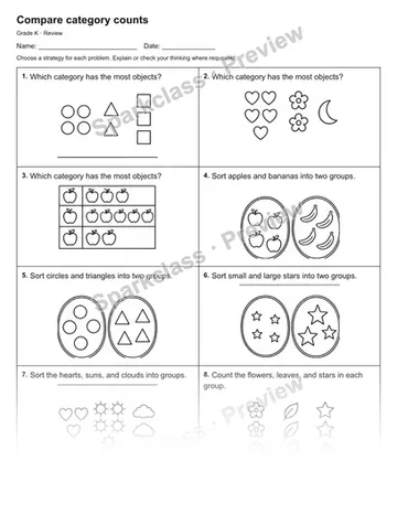 Compare category counts — Review — Kindergarten worksheet preview