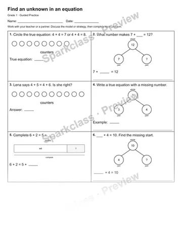Find an unknown in an equation — Guided Practice — Grade 1 worksheet preview