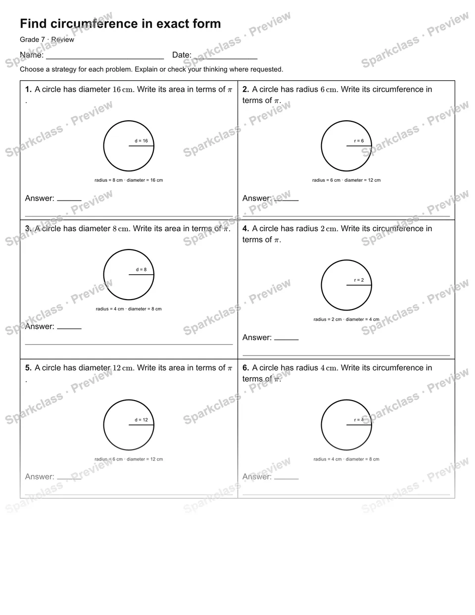 Find circumference in exact form — Review — page 1