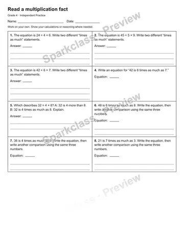 Read a multiplication fact — Independent Practice — Grade 4 worksheet preview
