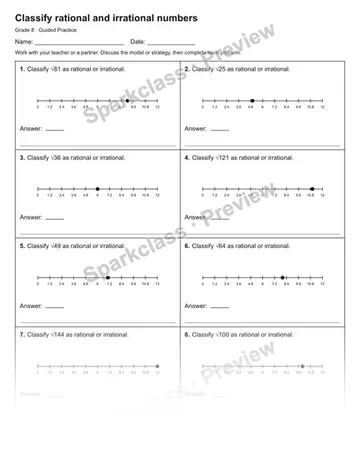 Classify rational and irrational numbers — Guided Practice — Grade 8 worksheet preview
