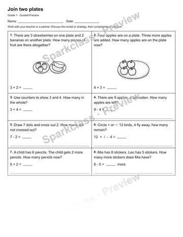 Join two plates — Guided Practice — Grade 1 worksheet preview