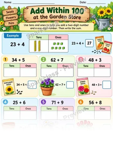 Add Two Digit One Digit Garden Store — Grade 1 worksheet preview