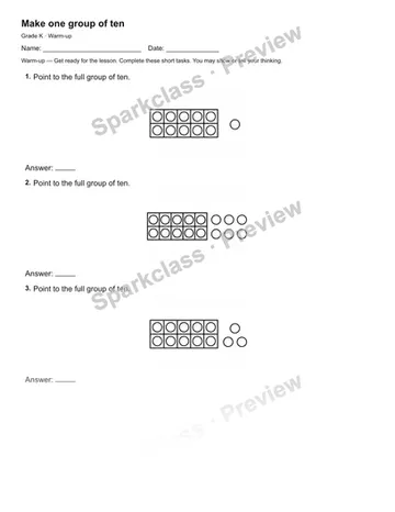 Make one group of ten — Warm-up — Kindergarten worksheet preview