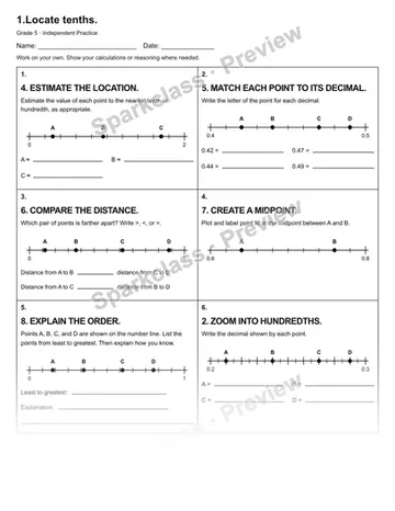 1.Locate tenths. — Independent Practice — Grade 5 worksheet preview