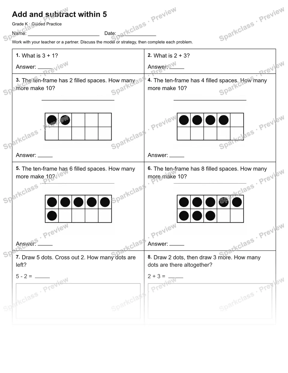 Add and subtract within 5 — Guided Practice — page 1
