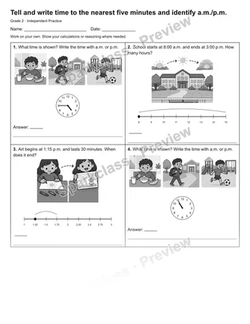 Tell and write time to the nearest five minutes and identify a.m./p.m. — Independent Practice — Grade 2 worksheet preview