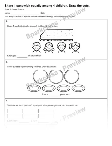 Share 1 sandwich equally among 4 children. Draw the cuts. — Guided Practice — Grade 5 worksheet preview