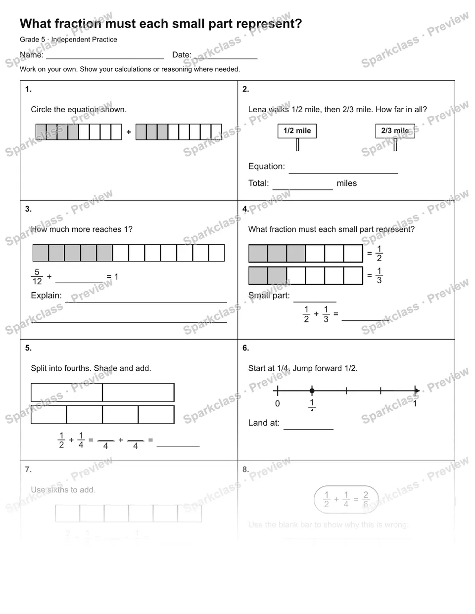 What fraction must each small part represent? — Independent Practice — page 1