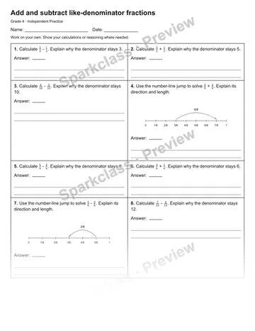 Add and subtract like-denominator fractions — Independent Practice — Grade 4 worksheet preview