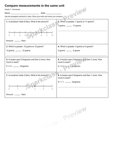Compare measurements in the same unit — Homework — Grade 3 worksheet preview