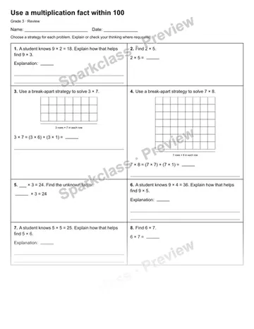 Use a multiplication fact within 100 — Review — Grade 3 worksheet preview