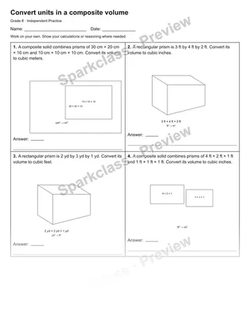 Convert units in a composite volume — Independent Practice — Grade 8 worksheet preview