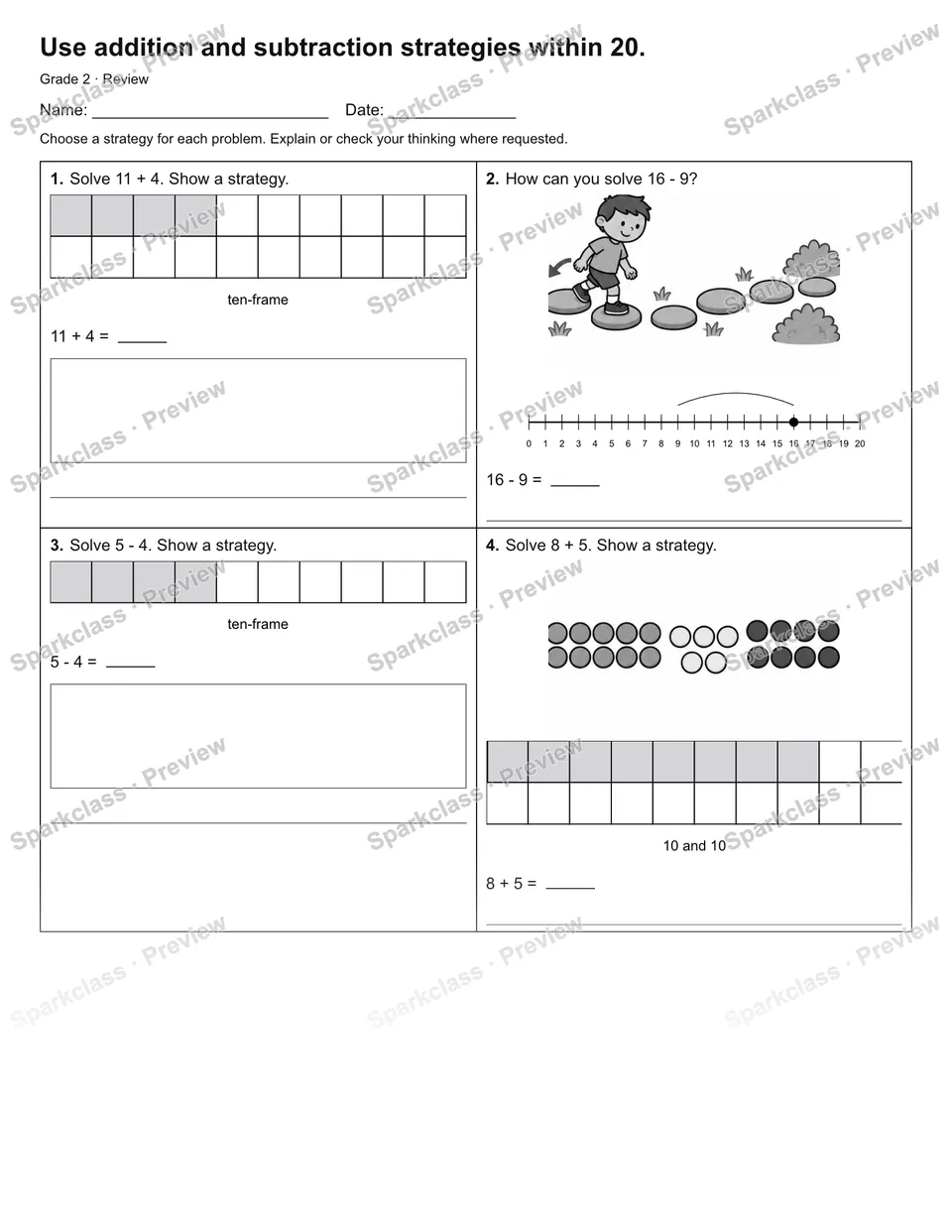 Use addition and subtraction strategies within 20. — Review — page 1