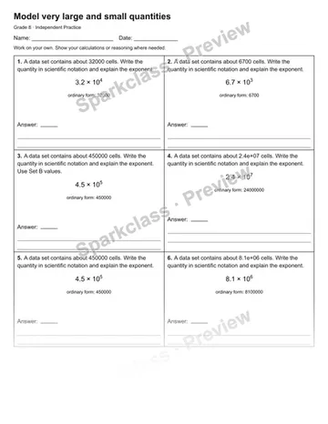 Model very large and small quantities — Independent Practice — Grade 8 worksheet preview