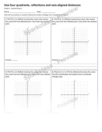 Use four quadrants, reflections and axis-aligned distances — Guided Practice — Grade 6 worksheet preview