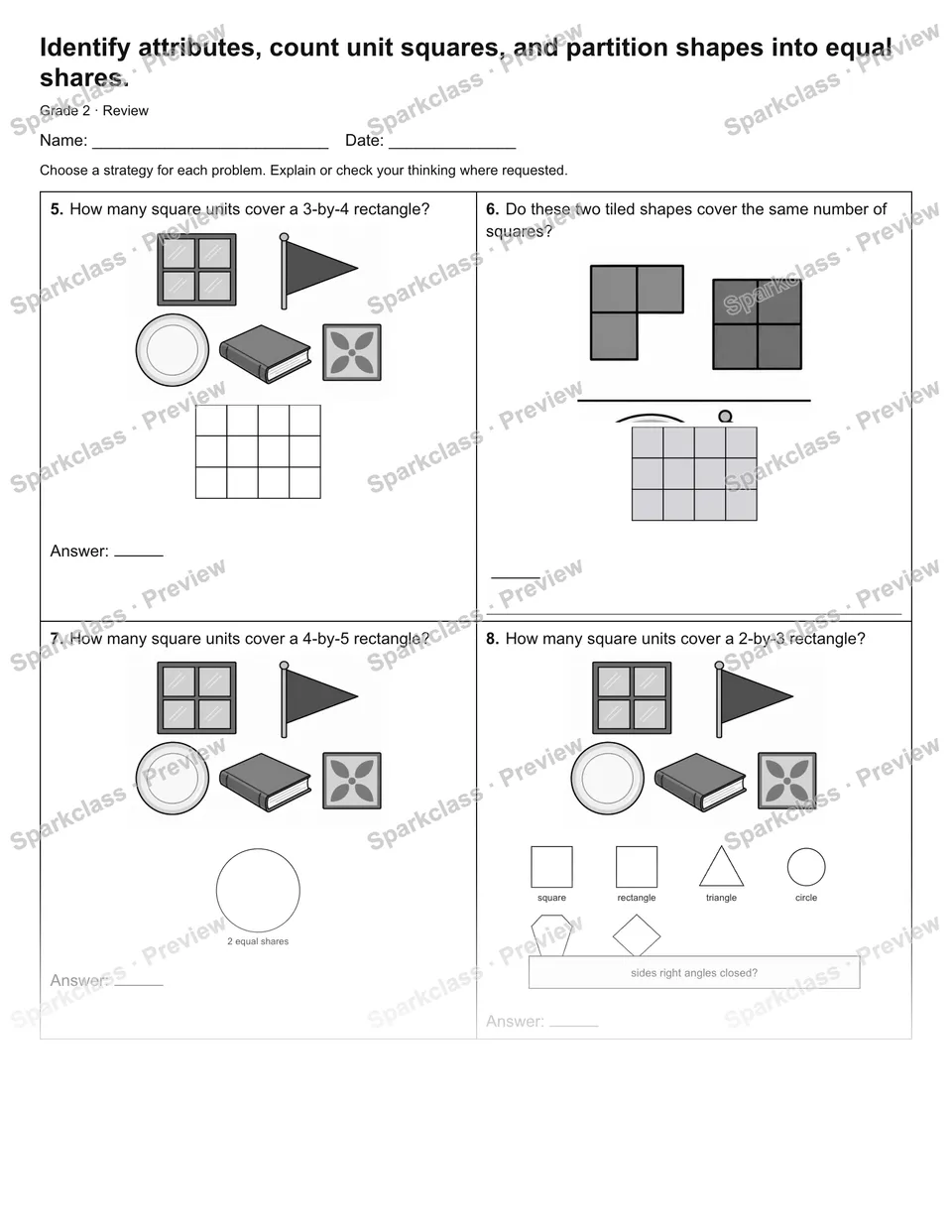 Identify attributes, count unit squares, and partition shapes into equal shares. — Review — page 2
