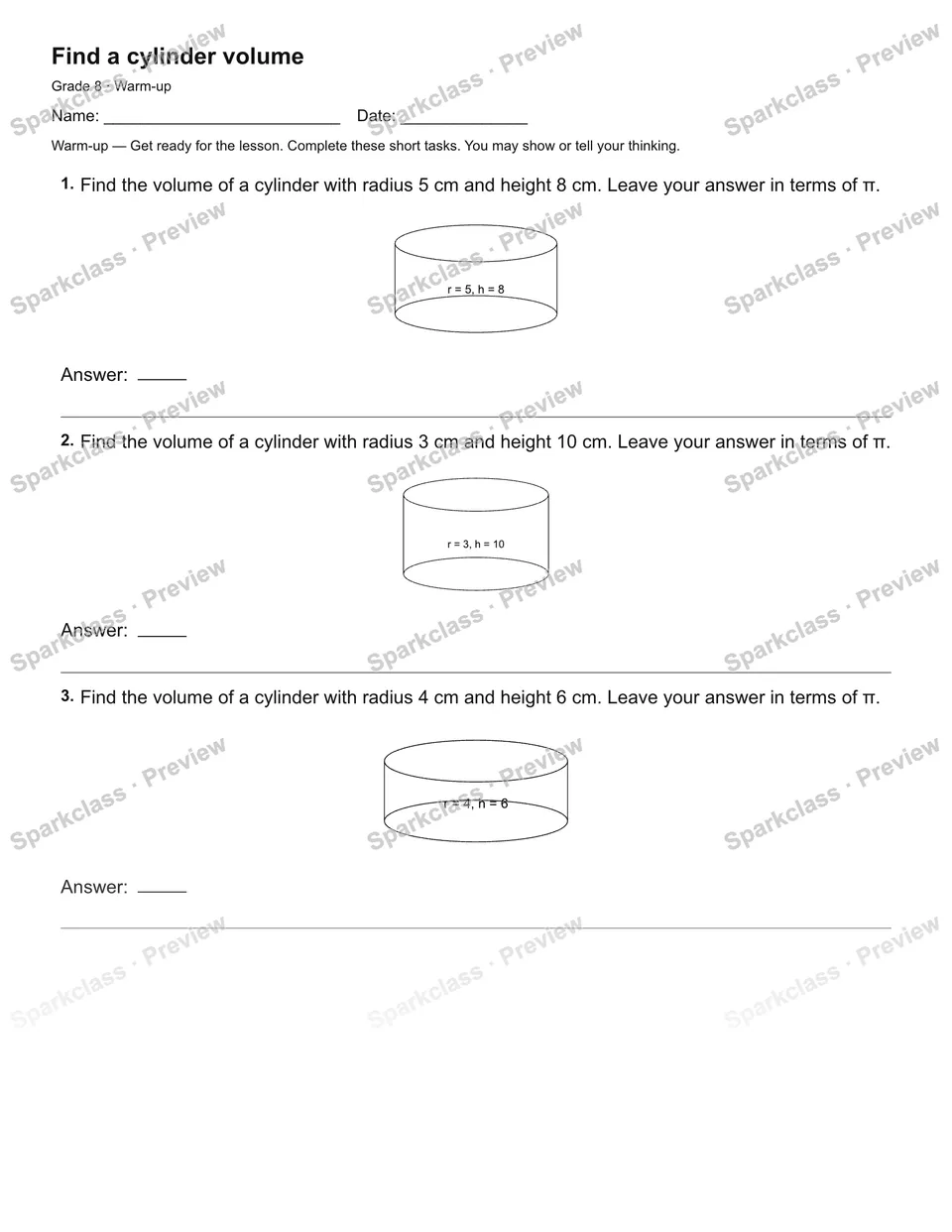 Find a cylinder volume — Warm-up — page 1