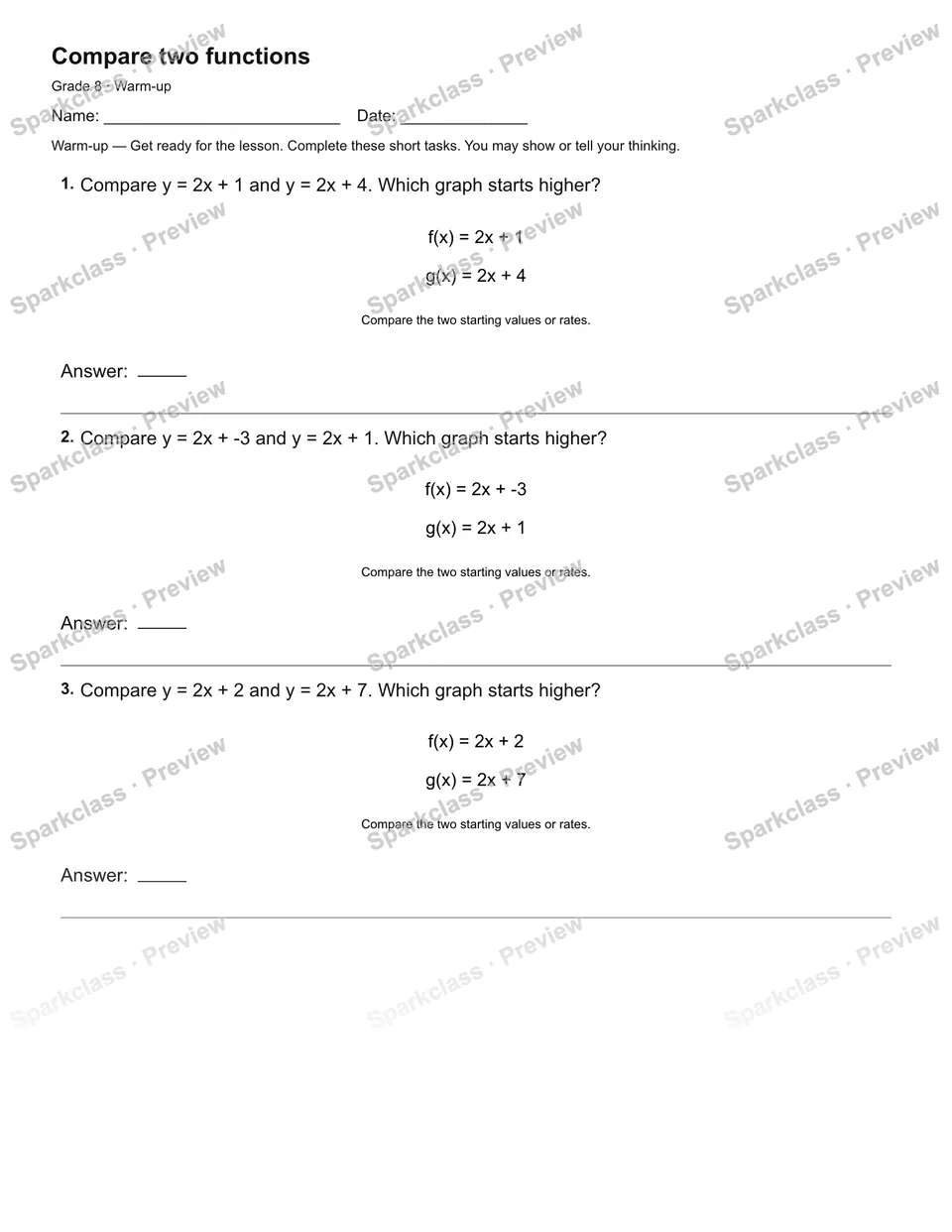 Compare two functions — Warm-up — page 1