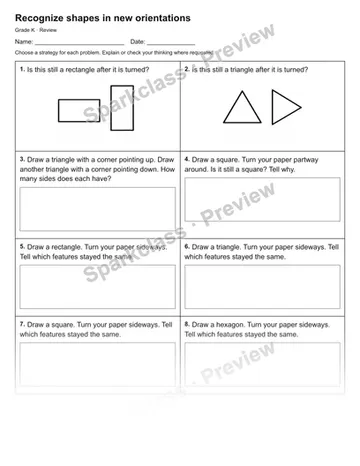 Recognize shapes in new orientations — Review — Kindergarten worksheet preview