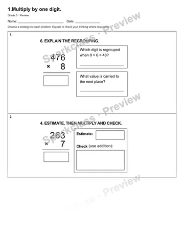 1.Multiply by one digit. — Review — Grade 5 worksheet preview