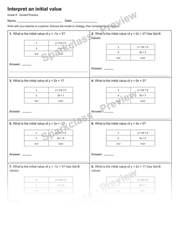 Interpret an initial value — Guided Practice — Grade 8 worksheet preview