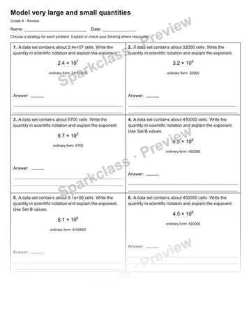 Model very large and small quantities — Review — Grade 8 worksheet preview
